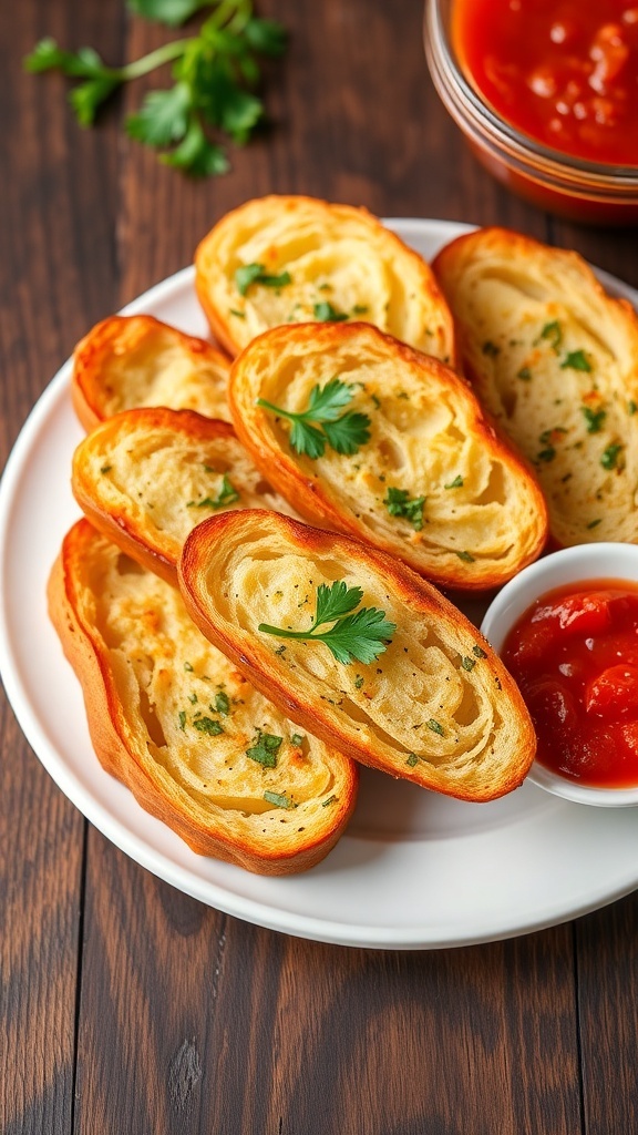 Garlic Bread Recipe Golden garlic bread slices garnished with parsley, served with marinara sauce on a rustic table.